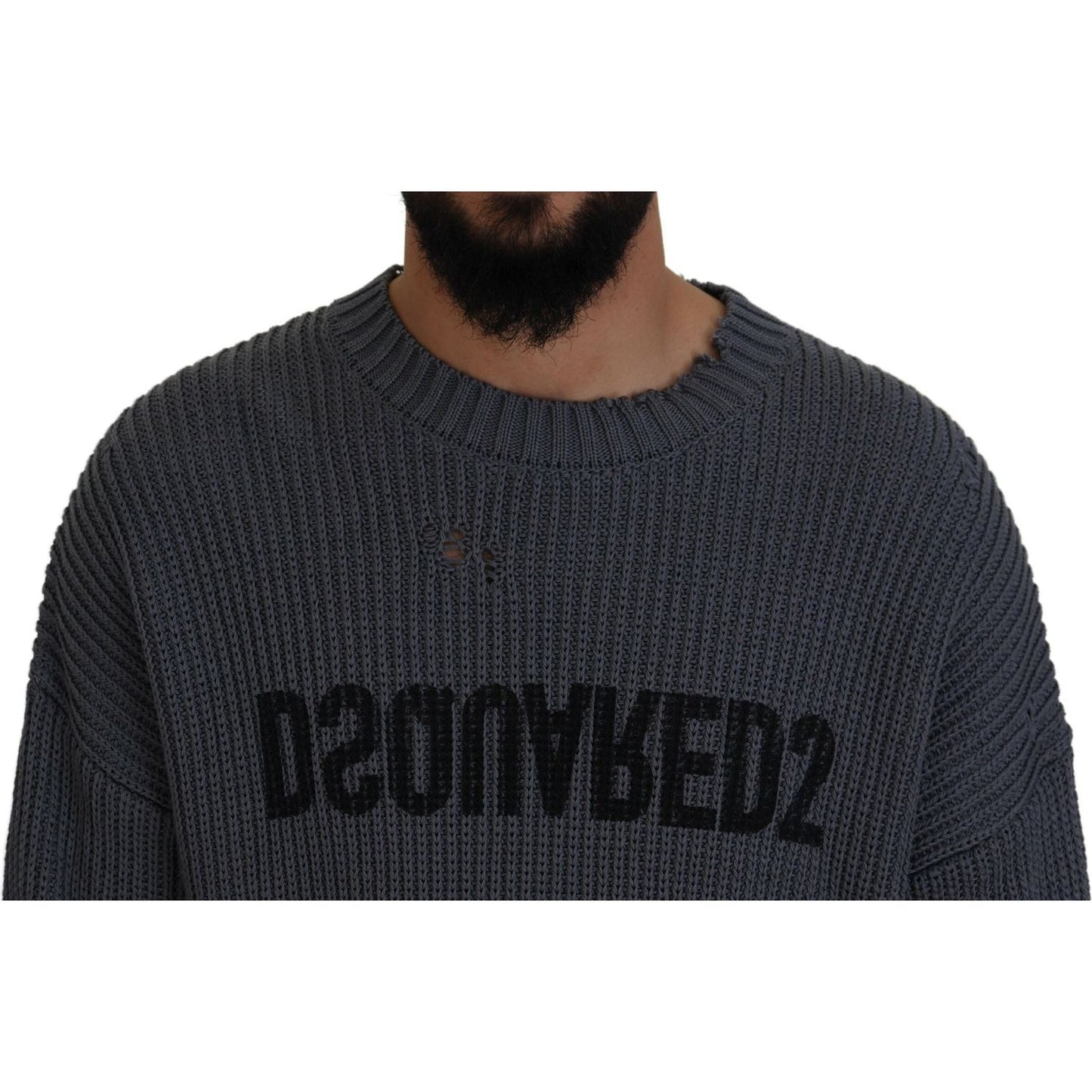 Gray Men Tattered Knitted Pullover Sweater