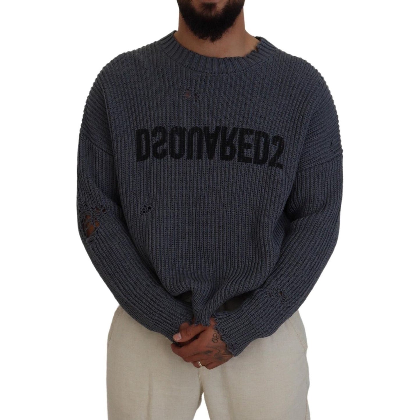 Gray Men Tattered Knitted Pullover Sweater