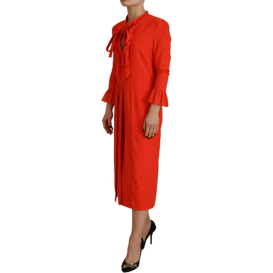 Red Polyester Long Sleeves Pleated Midi Dress