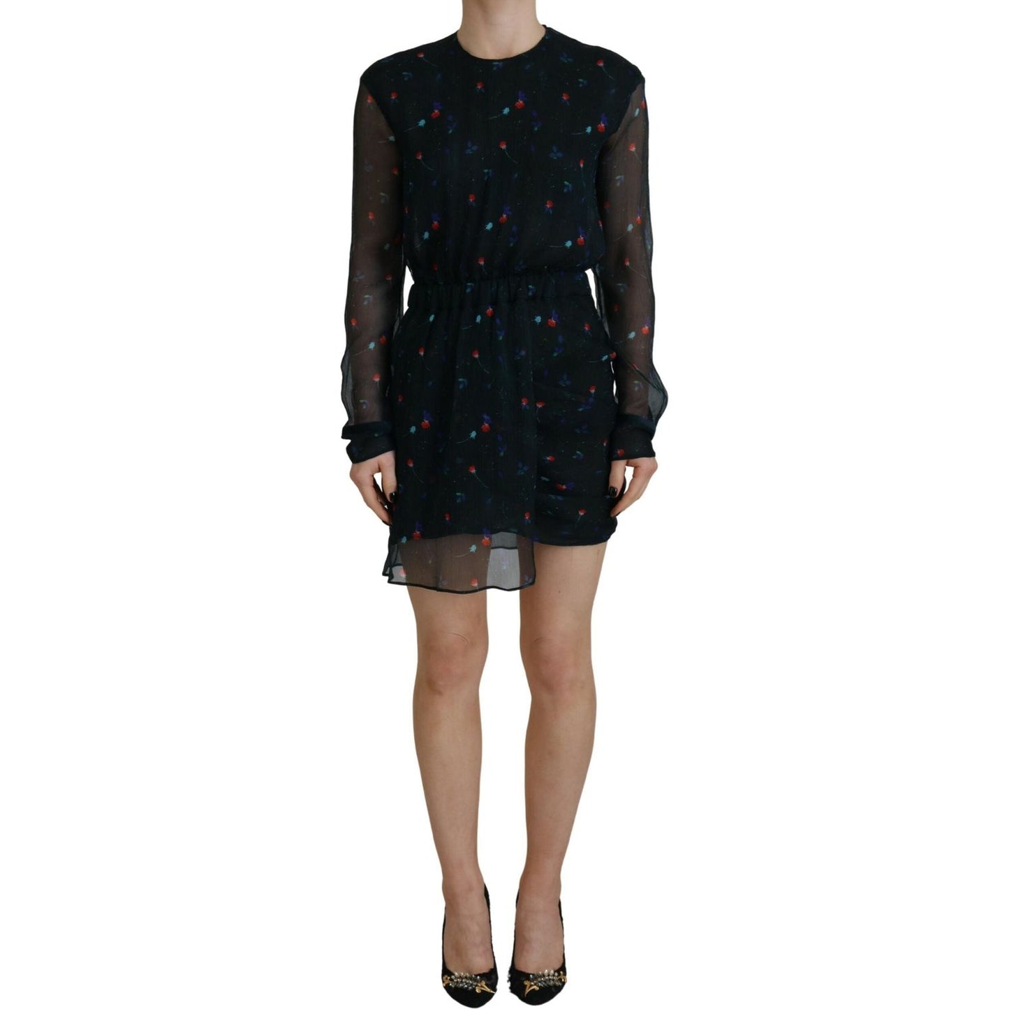 Black Floral Silk Long Sleeves Sheath Mini Dress