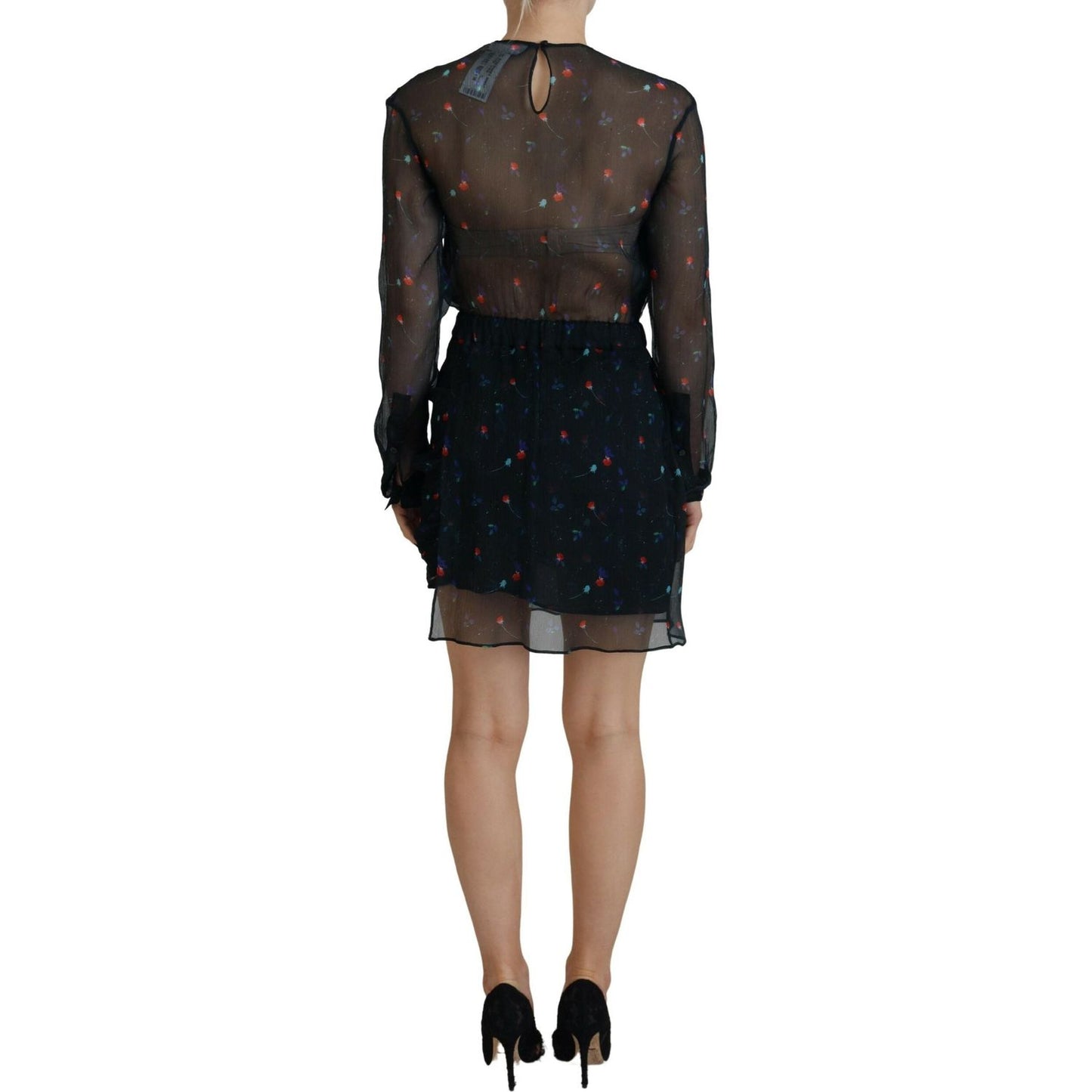 Black Floral Silk Long Sleeves Sheath Mini Dress