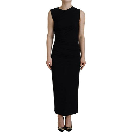 Black Viscose Sleeveless Ruched Maxi Dress