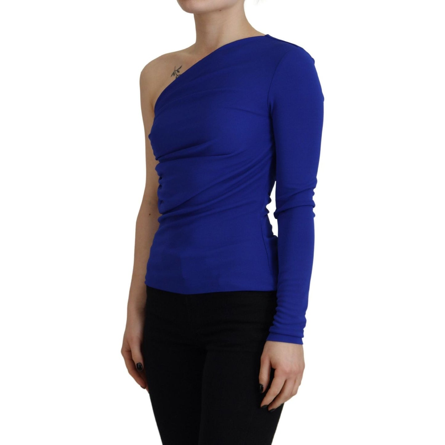 Blue Viscose One Shoulder Slim Fit Blouse Top