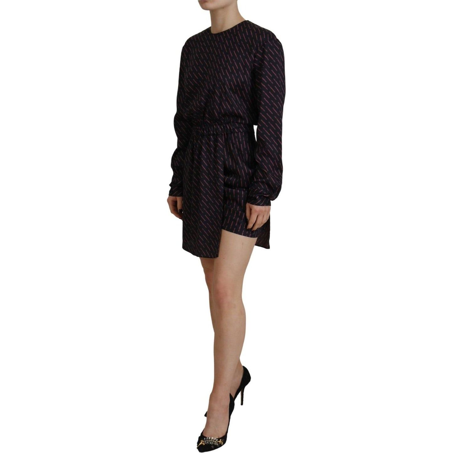 Black Logo Print Long Sleeves A-line Mini Dress