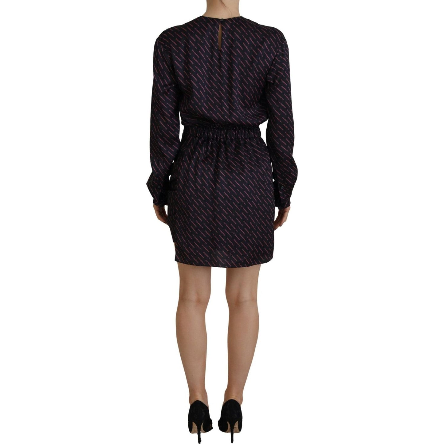 Black Logo Print Long Sleeves A-line Mini Dress