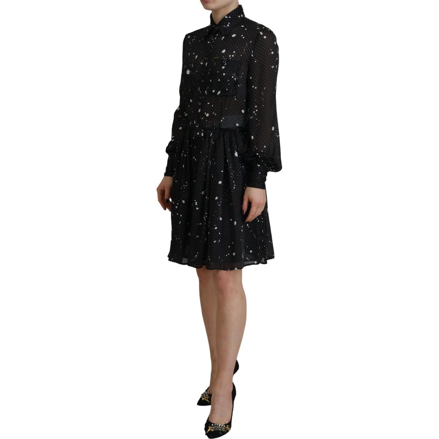 Black Polka Dot Long Sleeves Button Down Dress