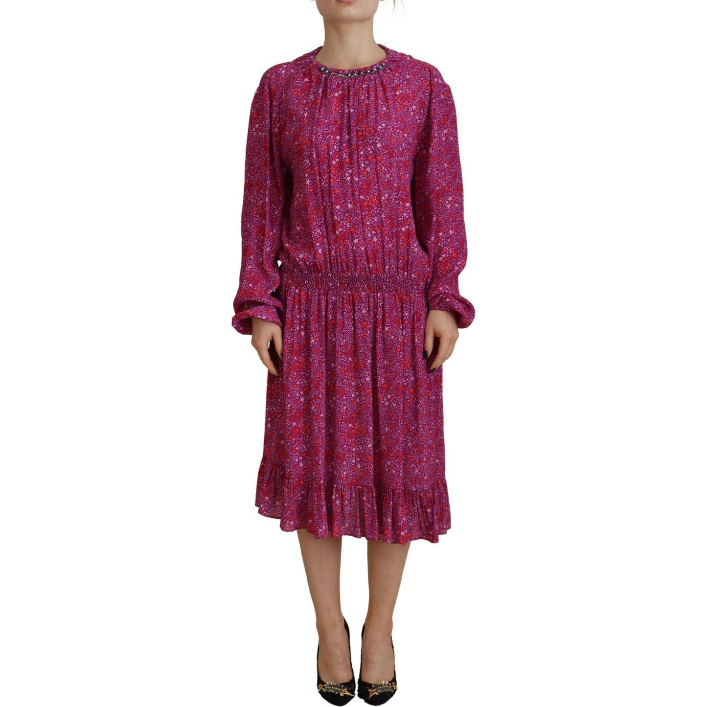 Fuchsia Stars Embellished Long Sleeves Dress