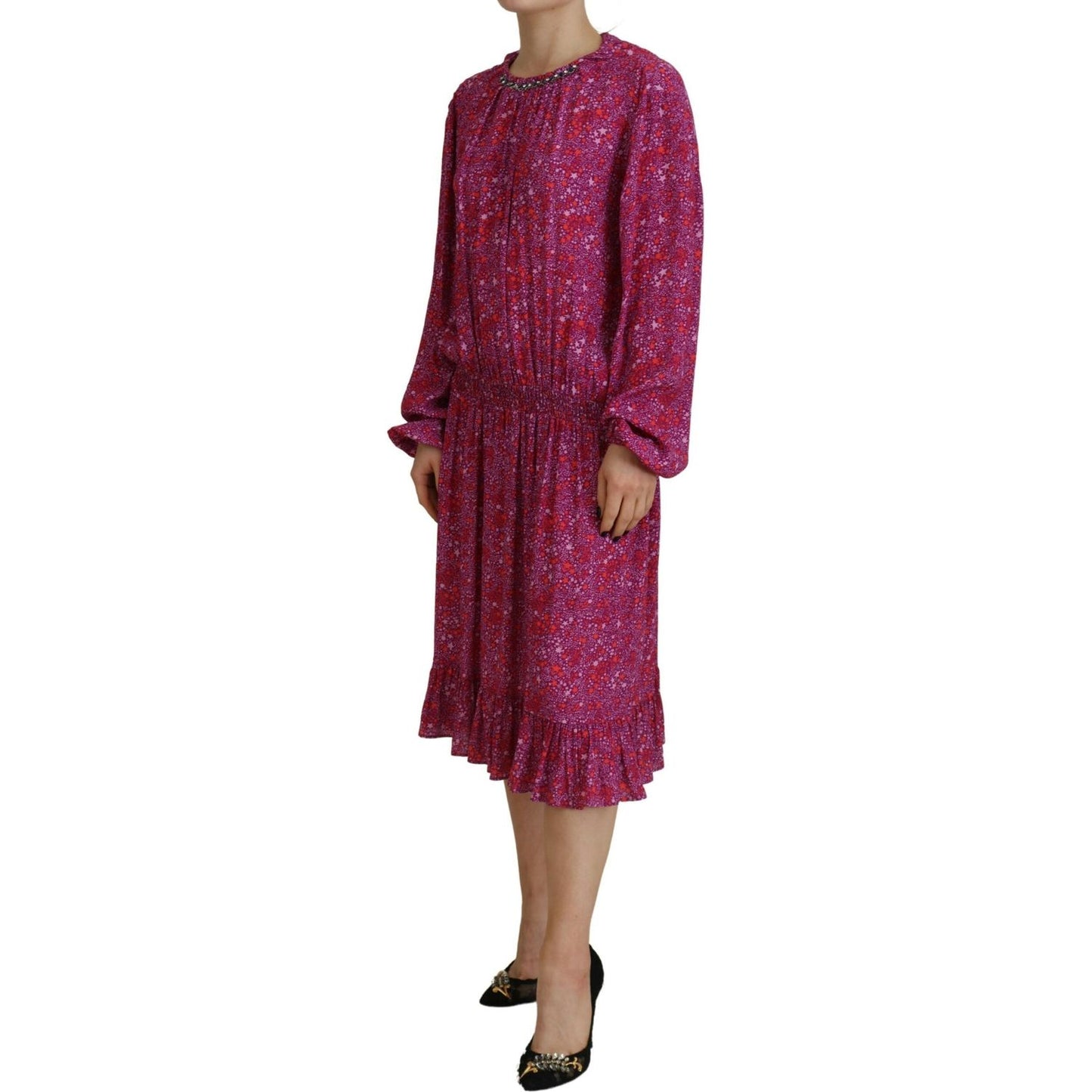 Fuchsia Stars Embellished Long Sleeves Dress