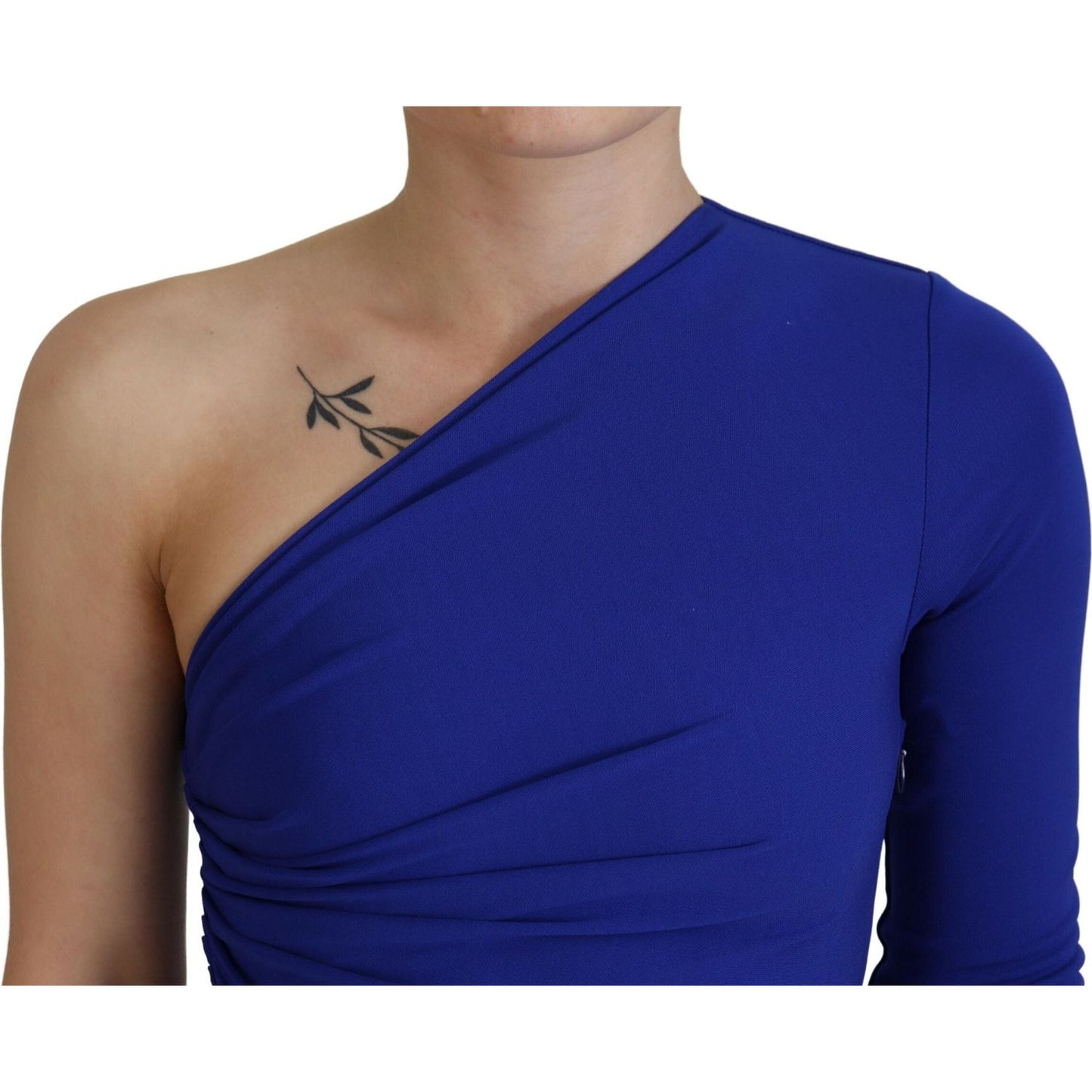 Blue Viscose One Shoulder Bodycon Ruched Mini Dress