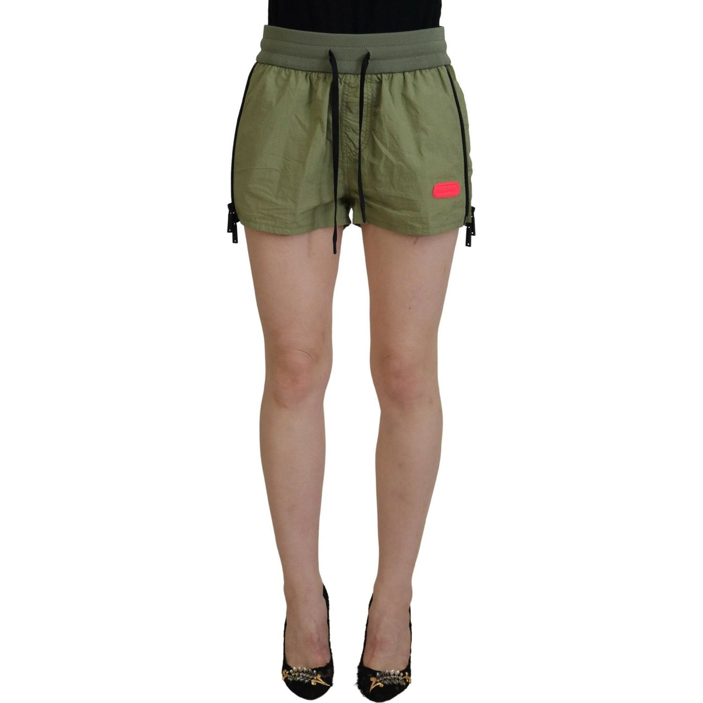 Green Cotton Mid Waist Drawstring Tapered Shorts