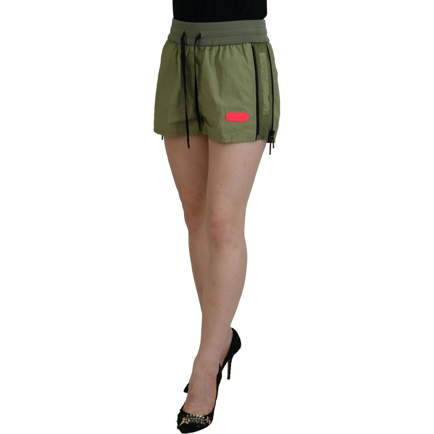 Green Cotton Mid Waist Drawstring Tapered Shorts