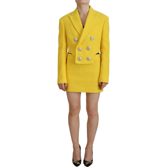 Yellow Double Breasted Mini Suit Blazer Skirt Set