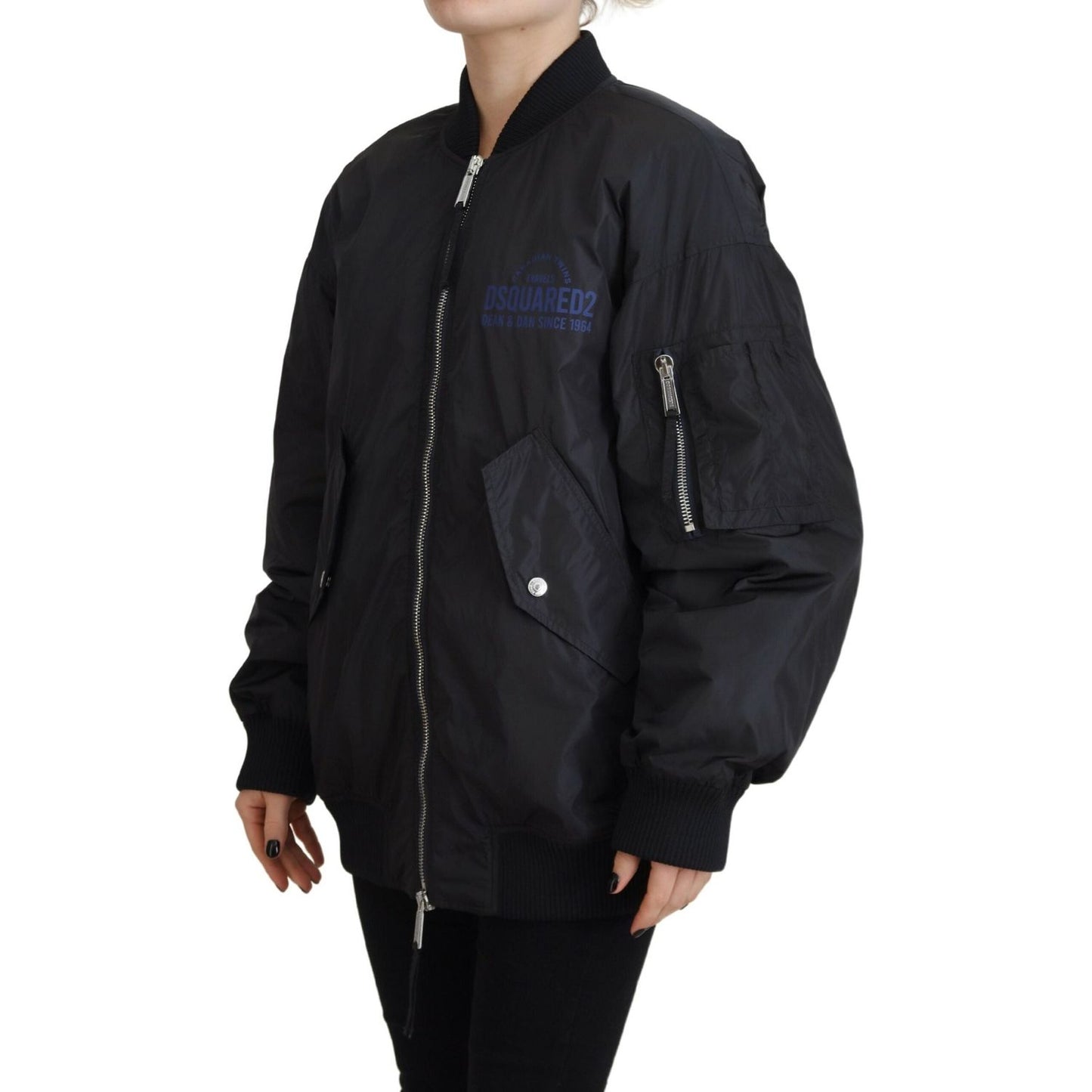 Black Logo Print Full Zip Women Bomber Jacket