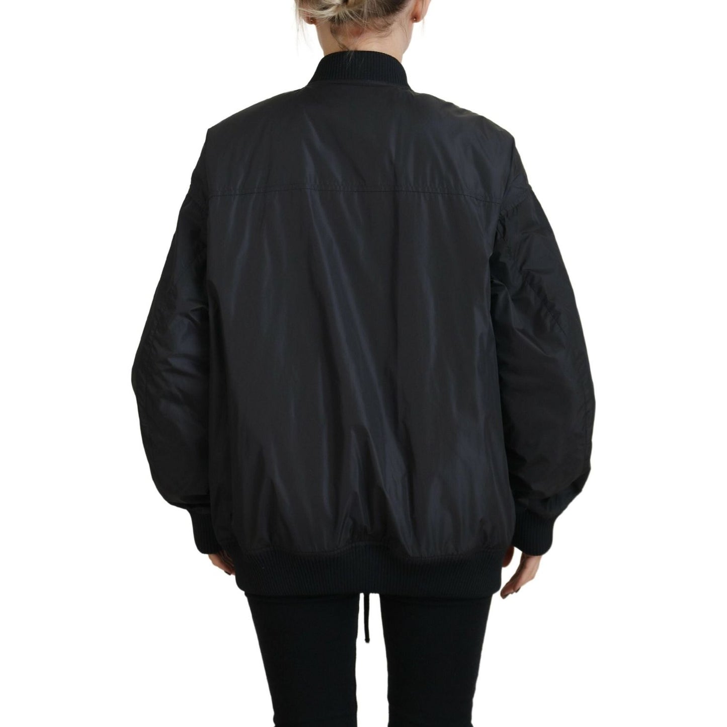 Black Logo Print Full Zip Women Bomber Jacket