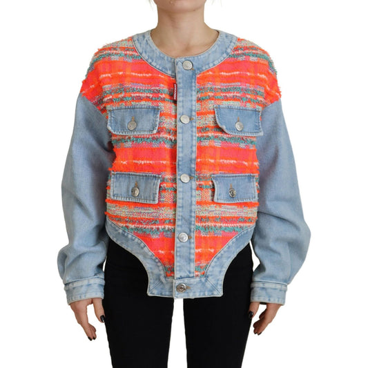 Orange Blue Panelled Button Front Denim Jacket