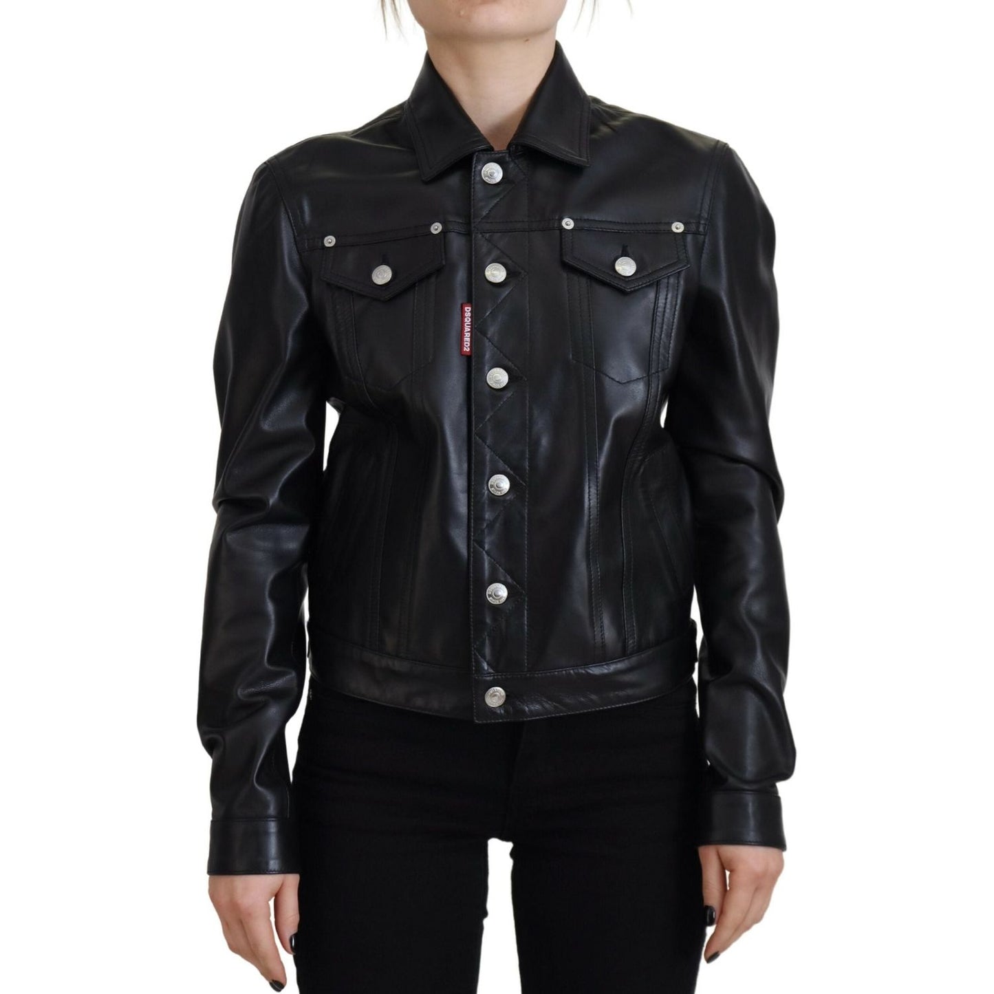 Black Leather Collared Long Sleeves Jacket