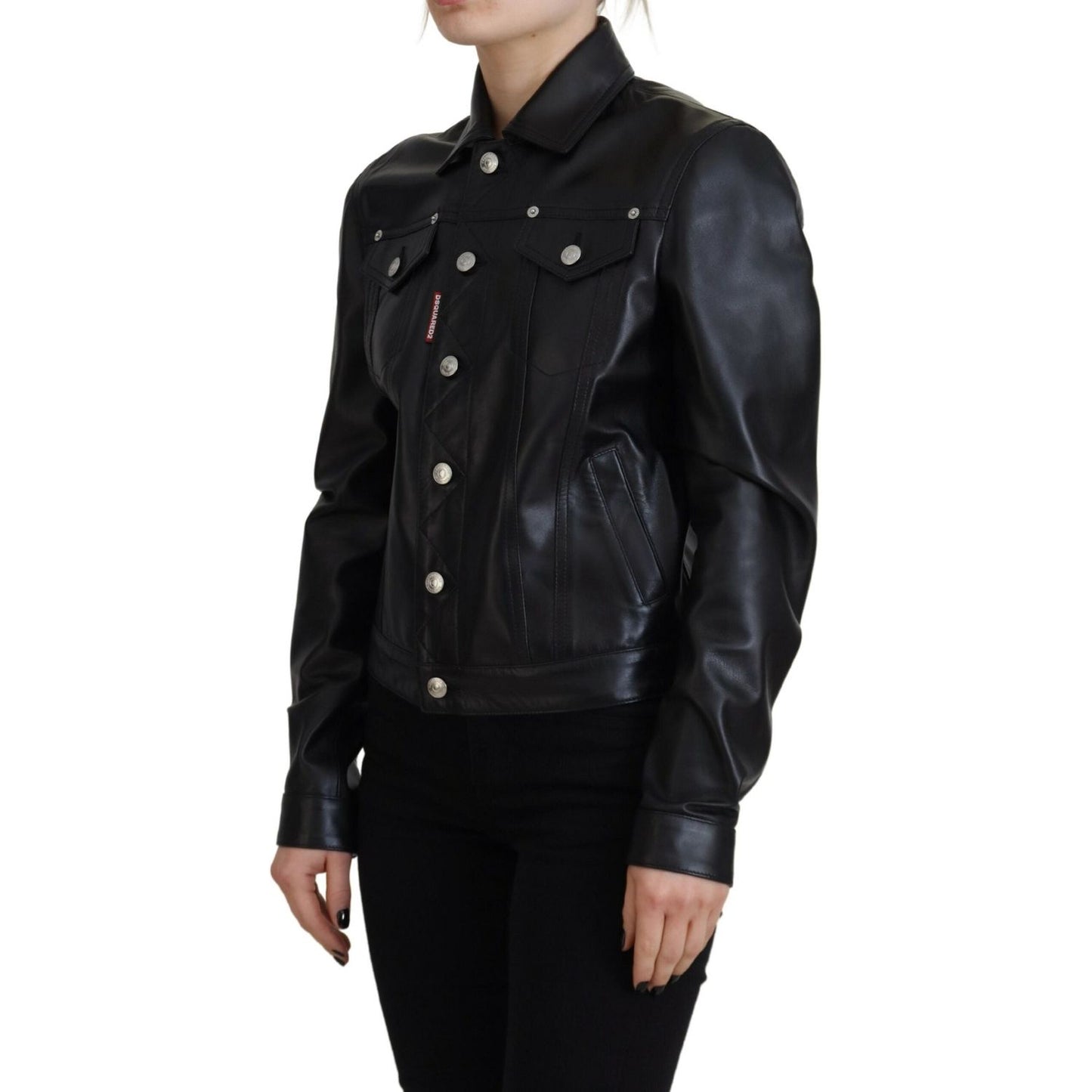 Black Leather Collared Long Sleeves Jacket