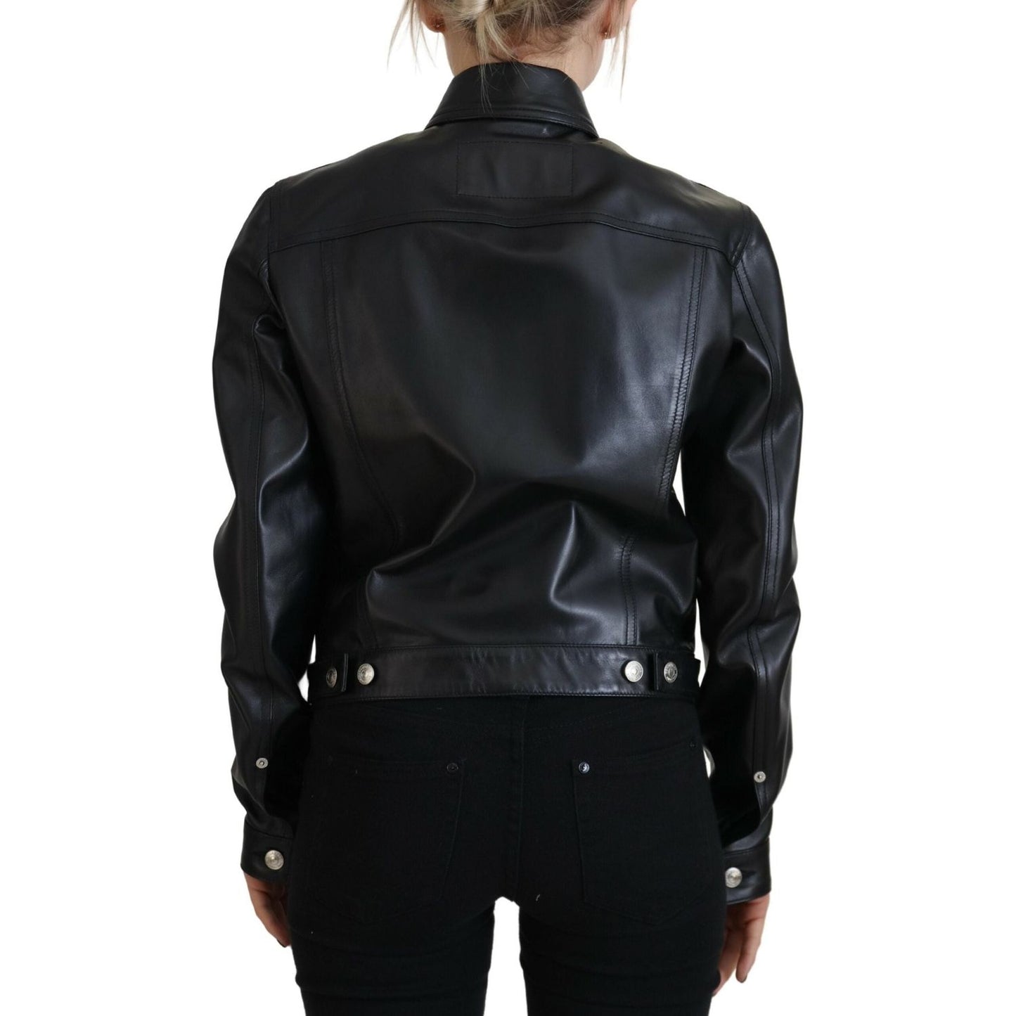 Black Leather Collared Long Sleeves Jacket