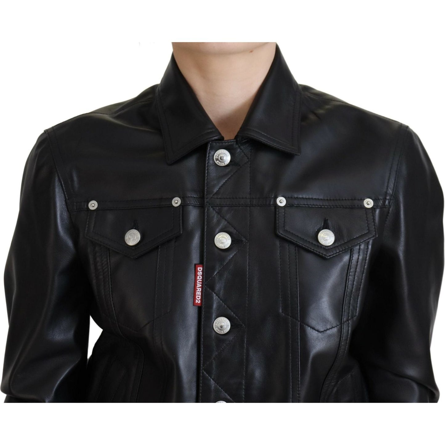 Black Leather Collared Long Sleeves Jacket