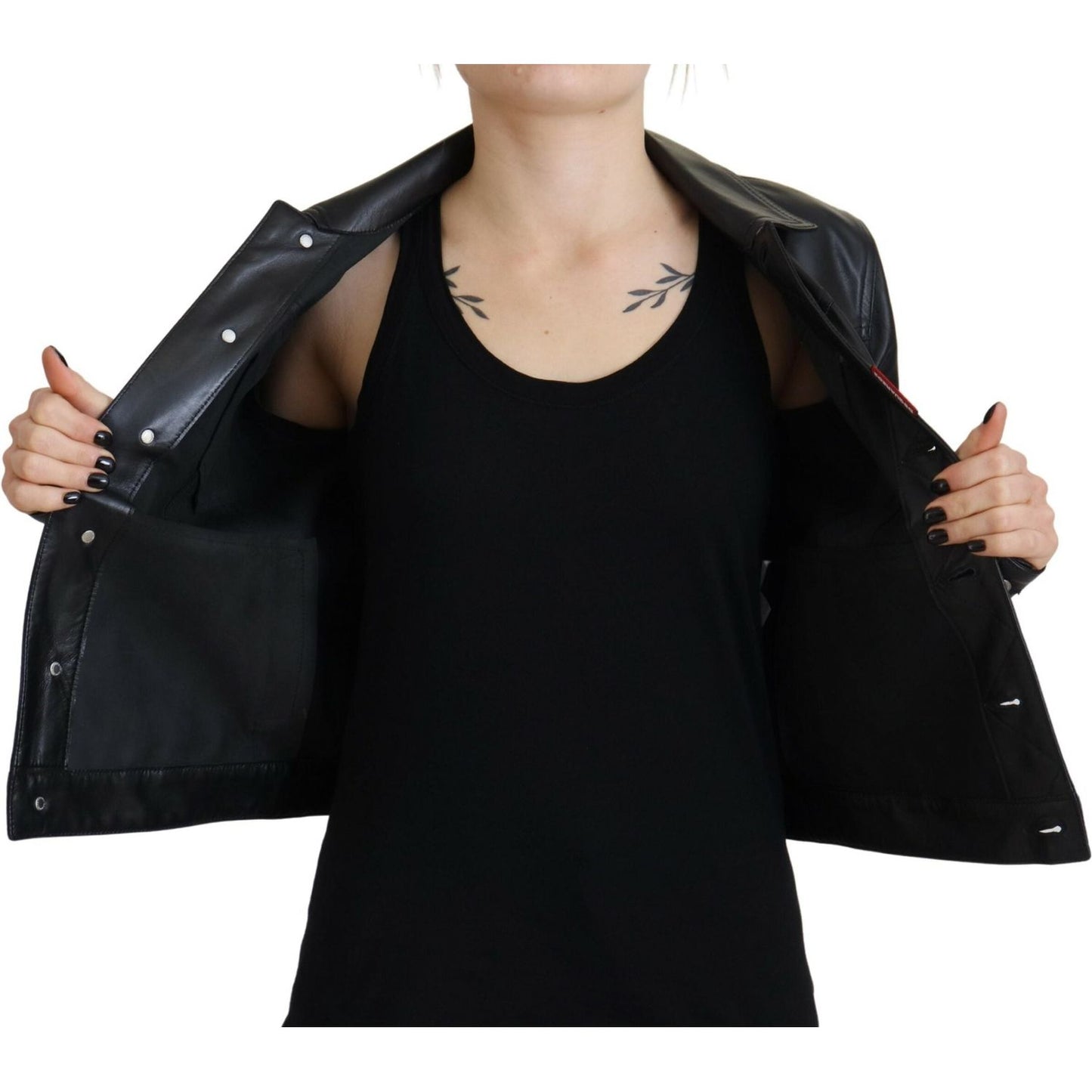 Black Leather Collared Long Sleeves Jacket