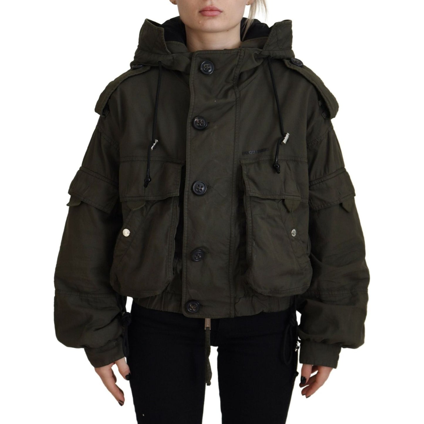 Green Cotton Hooded Cargo Button Jacket