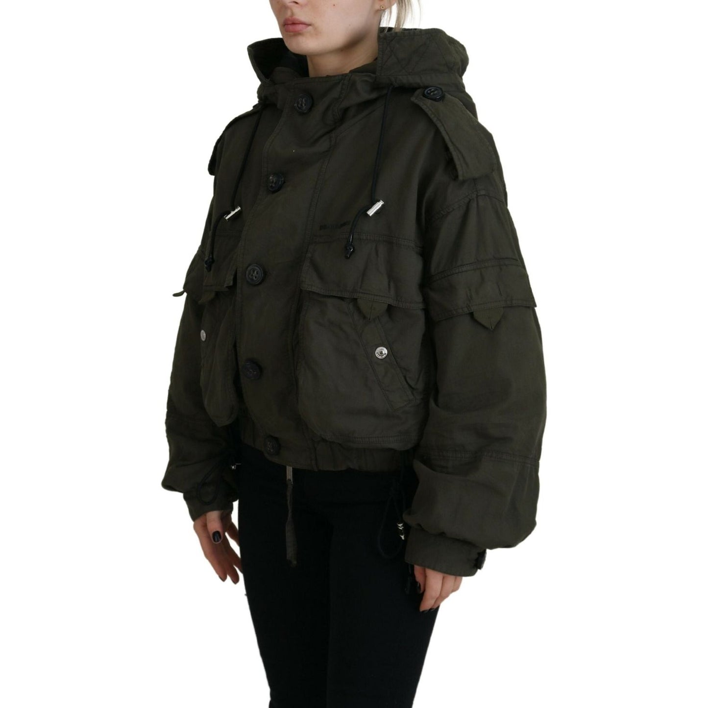 Green Cotton Hooded Cargo Button Jacket