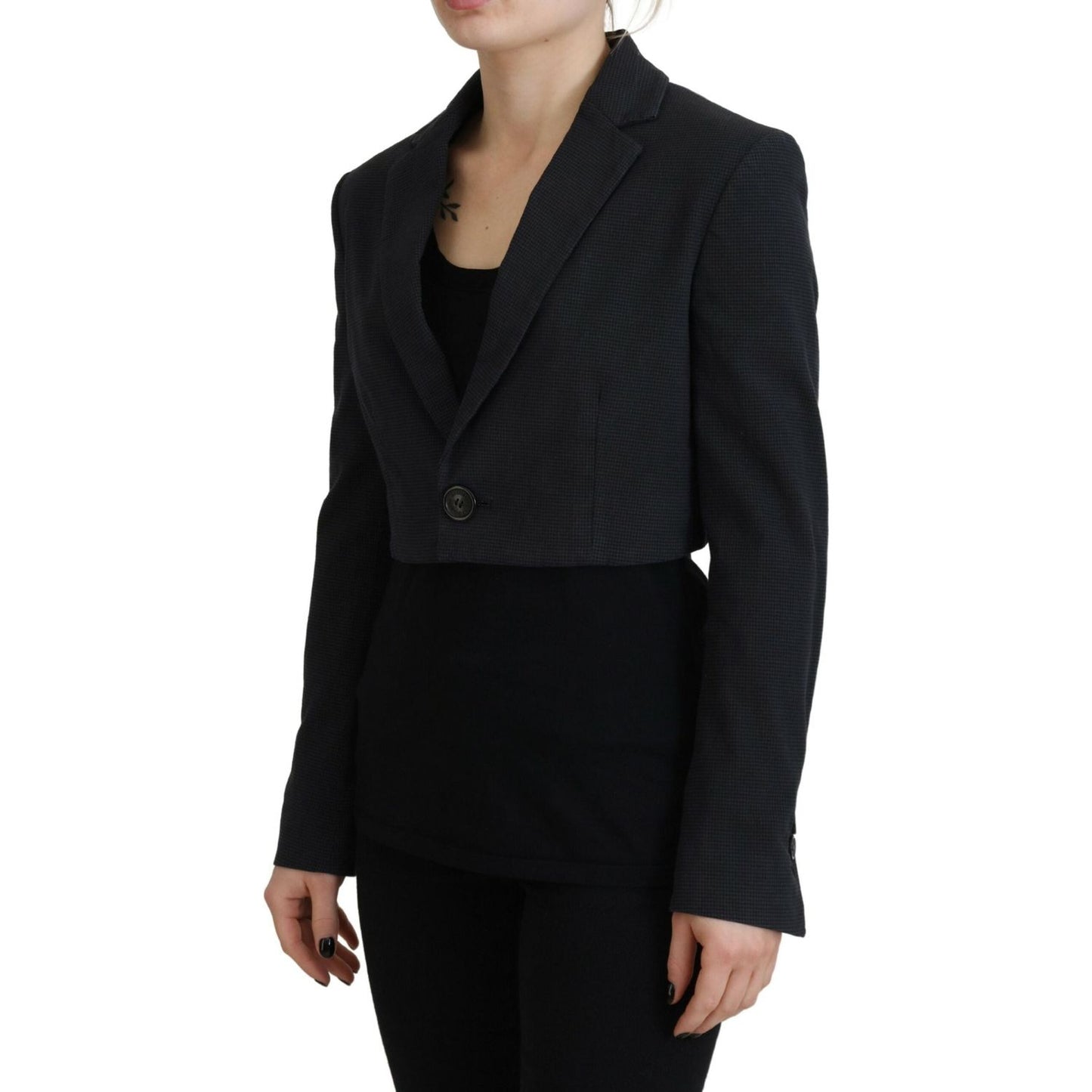 Black Cotton Cropped Button Blazer Jacket