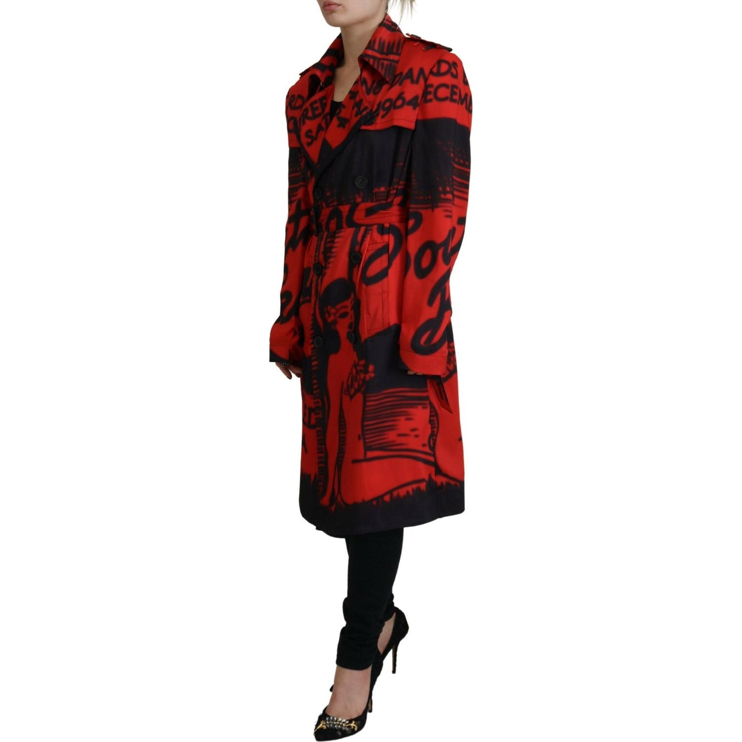 Red Printed Button Collared Desigual Coat Jacket