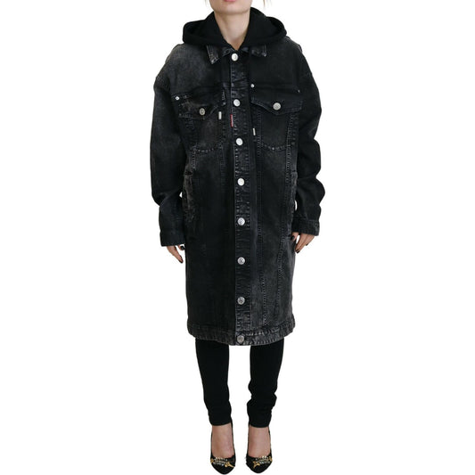 Dsquared² Black Washed Hooded Women Long Denim Blazer Jacket Dsquared²