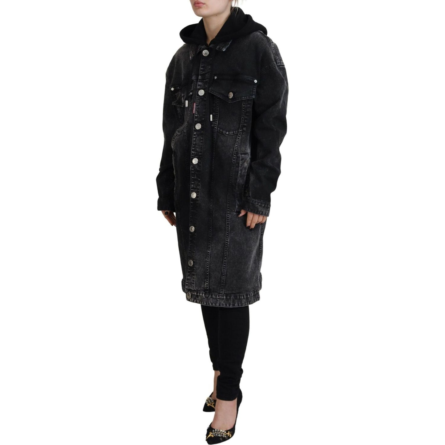 Black Washed Hooded Women Long Denim Blazer Jacket