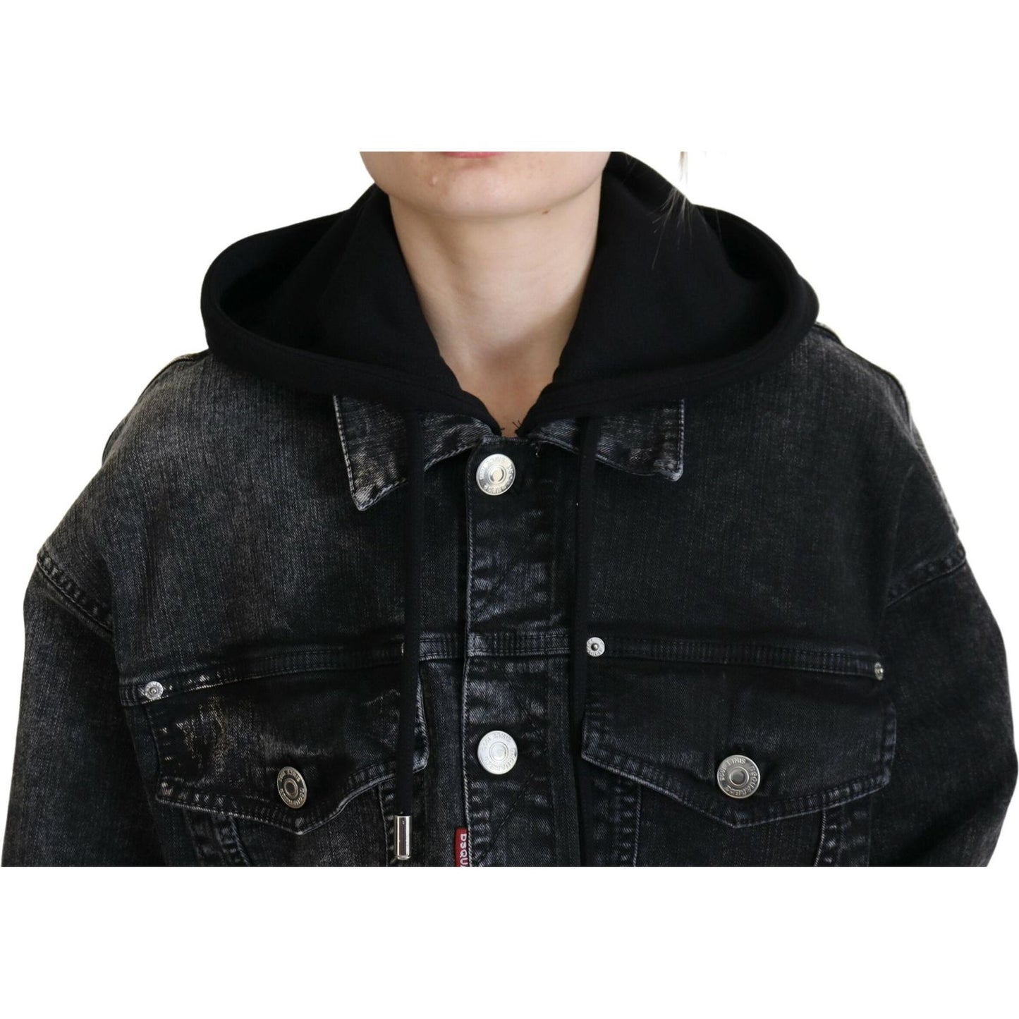 Black Washed Hooded Women Long Denim Blazer Jacket