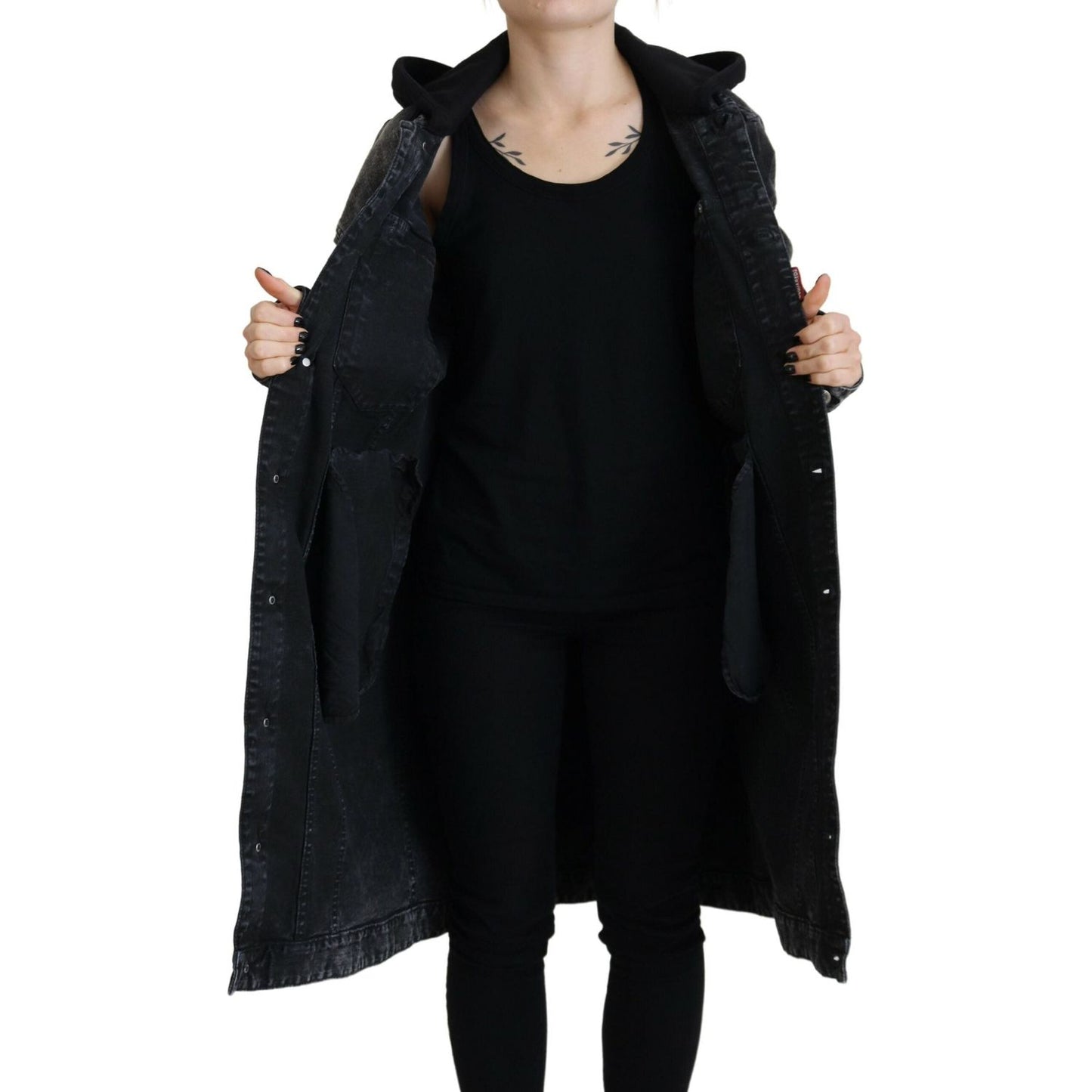 Black Washed Hooded Women Long Denim Blazer Jacket