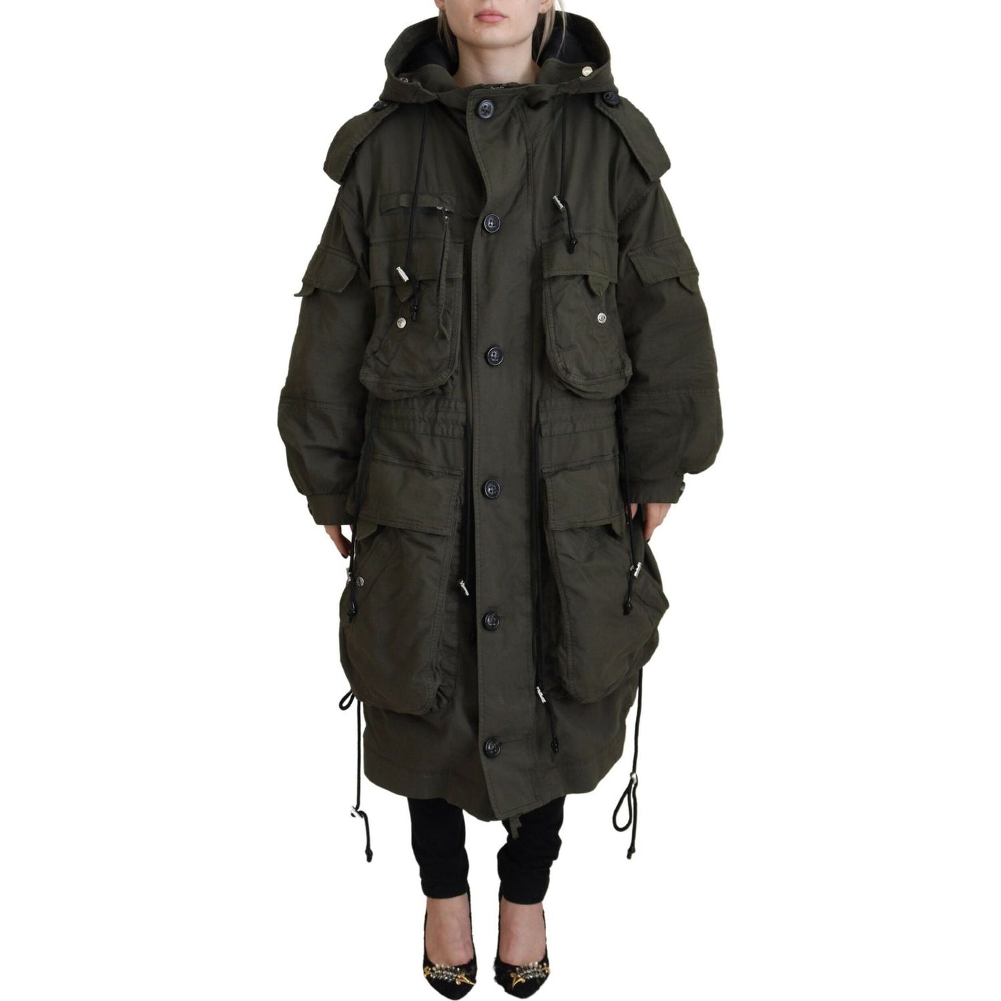 Green Hooded Full Zip Long Parka Coat Jacket