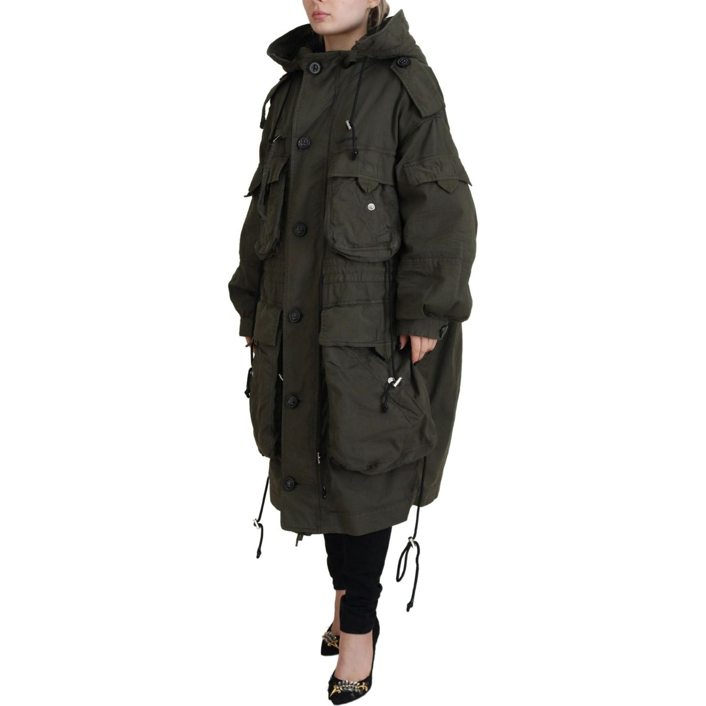 Green Hooded Full Zip Long Parka Coat Jacket