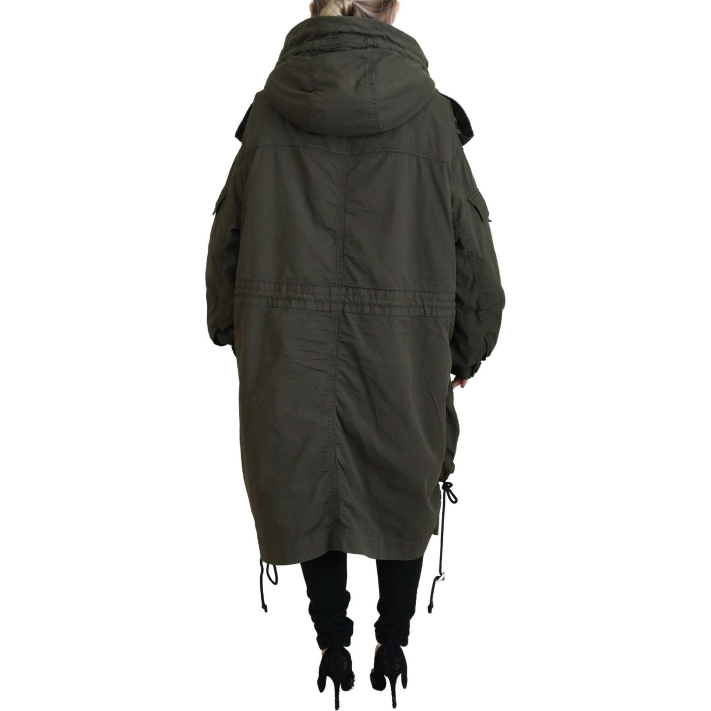 Green Hooded Full Zip Long Parka Coat Jacket