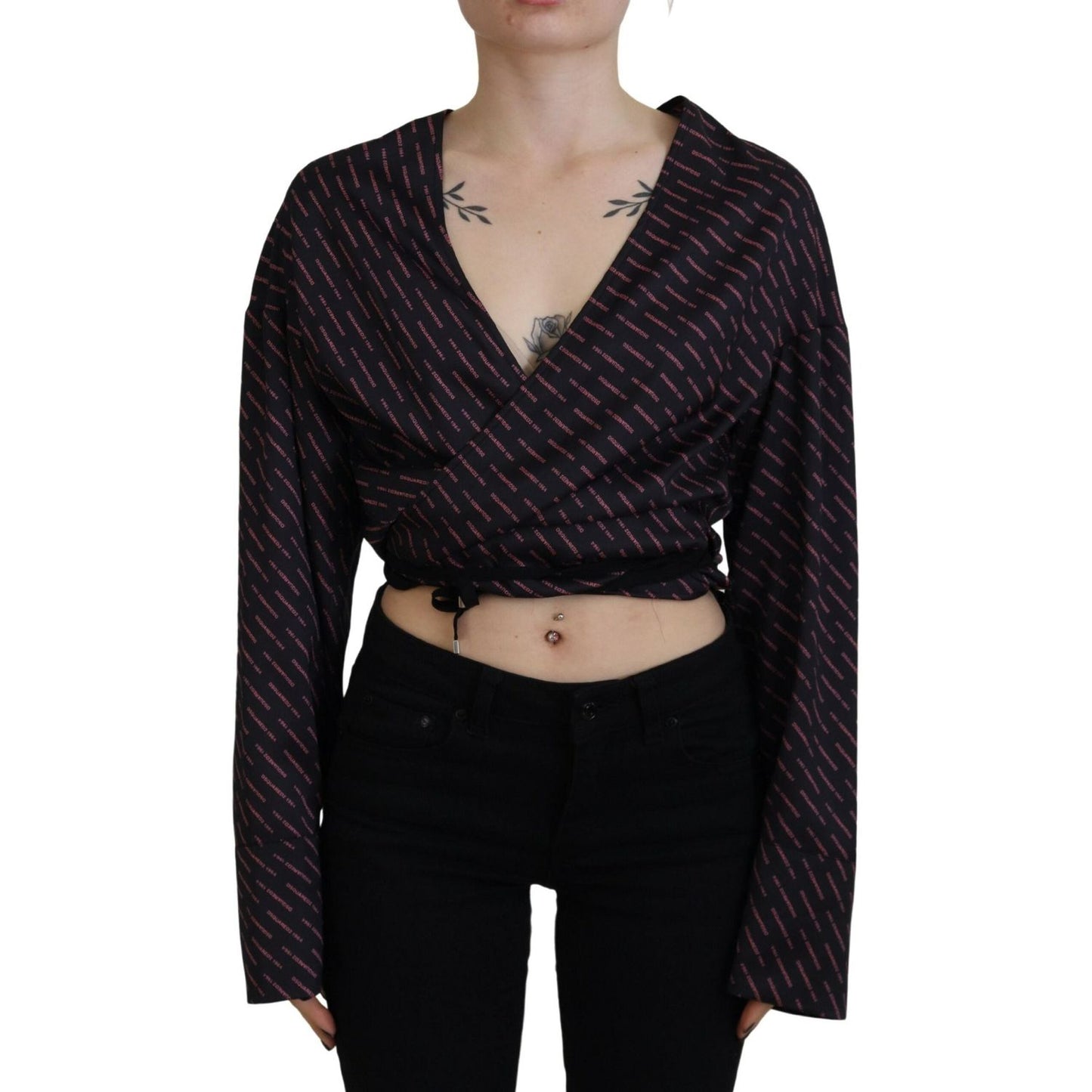 Black Polyester Cropped Logo Printed Blouse Top