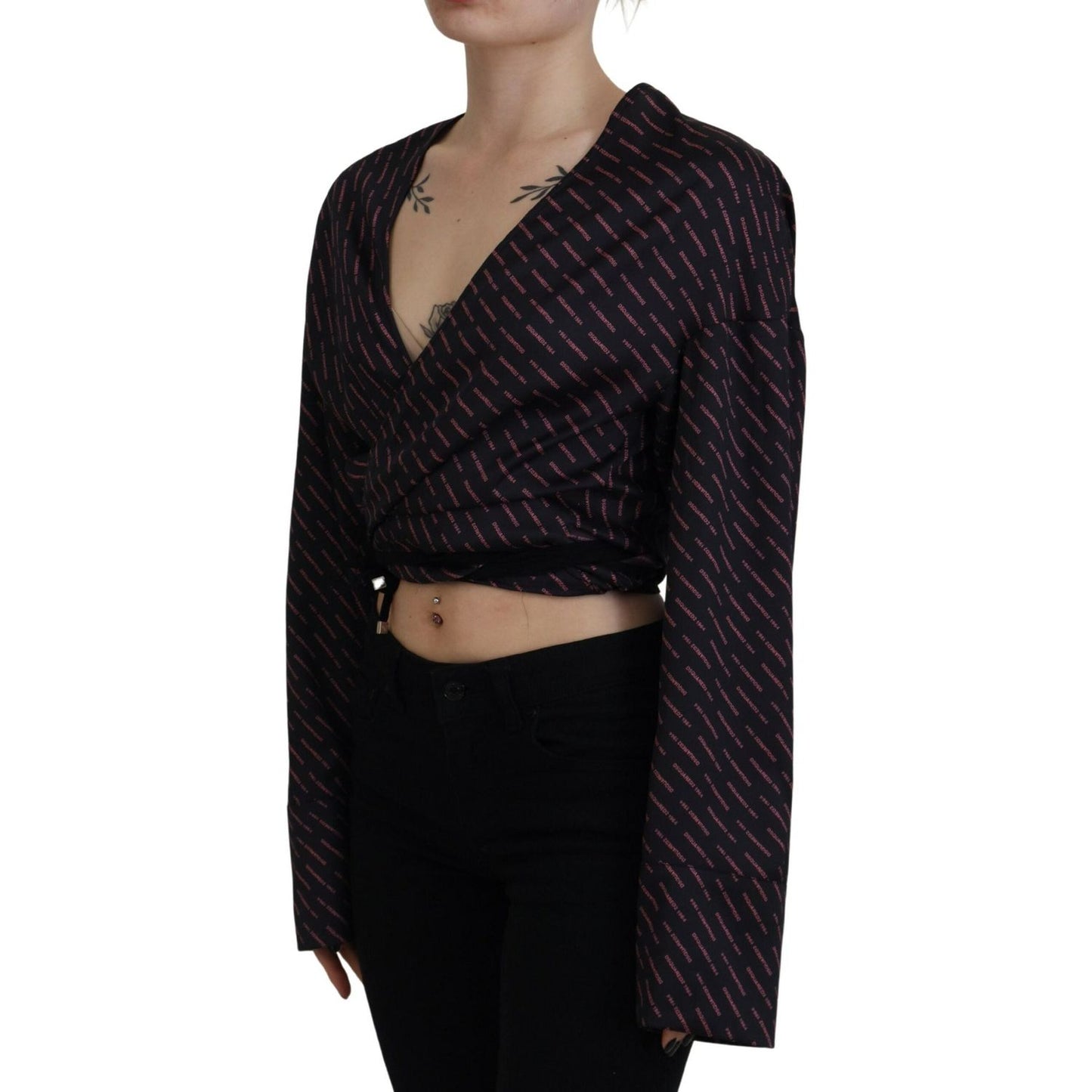 Black Polyester Cropped Logo Printed Blouse Top