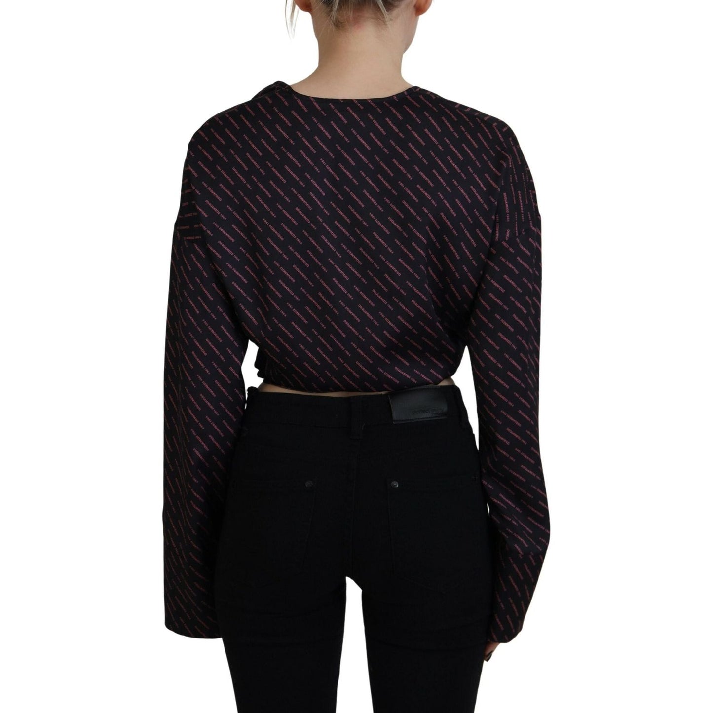 Black Polyester Cropped Logo Printed Blouse Top