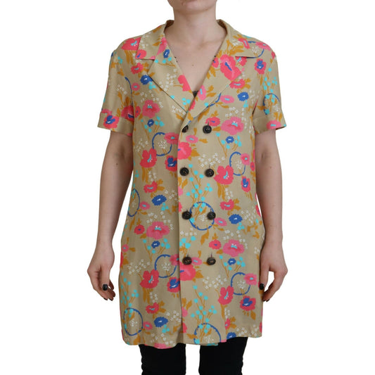 Multicolor Printed Collared Button Front Long Blouse Top