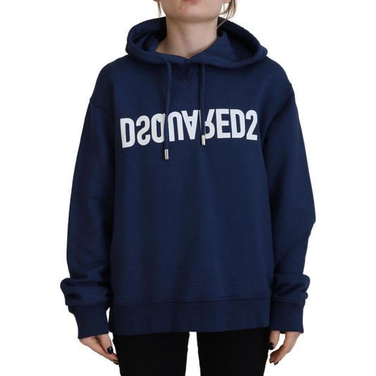 Blue Logo Printed Hooded Women Long Sleeve Sweater