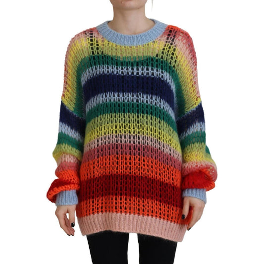 Multicolor Knitted Mohair Crewneck Pullover Sweater