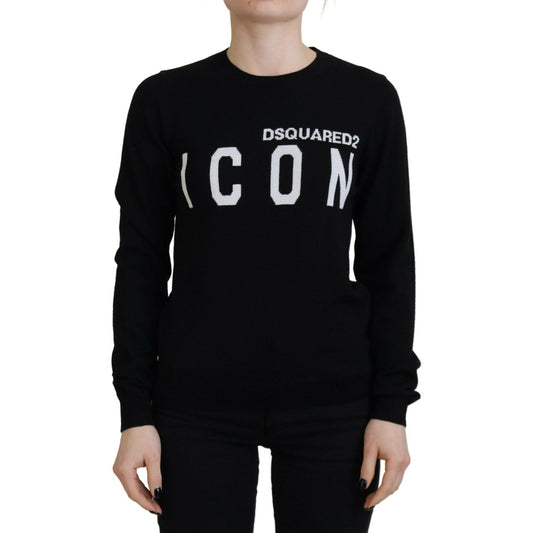 Black Virgin Wool Logo Print Long Sleeves Sweater