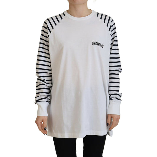 White Cotton Striped Crew Neck Short Sleeve Sweater