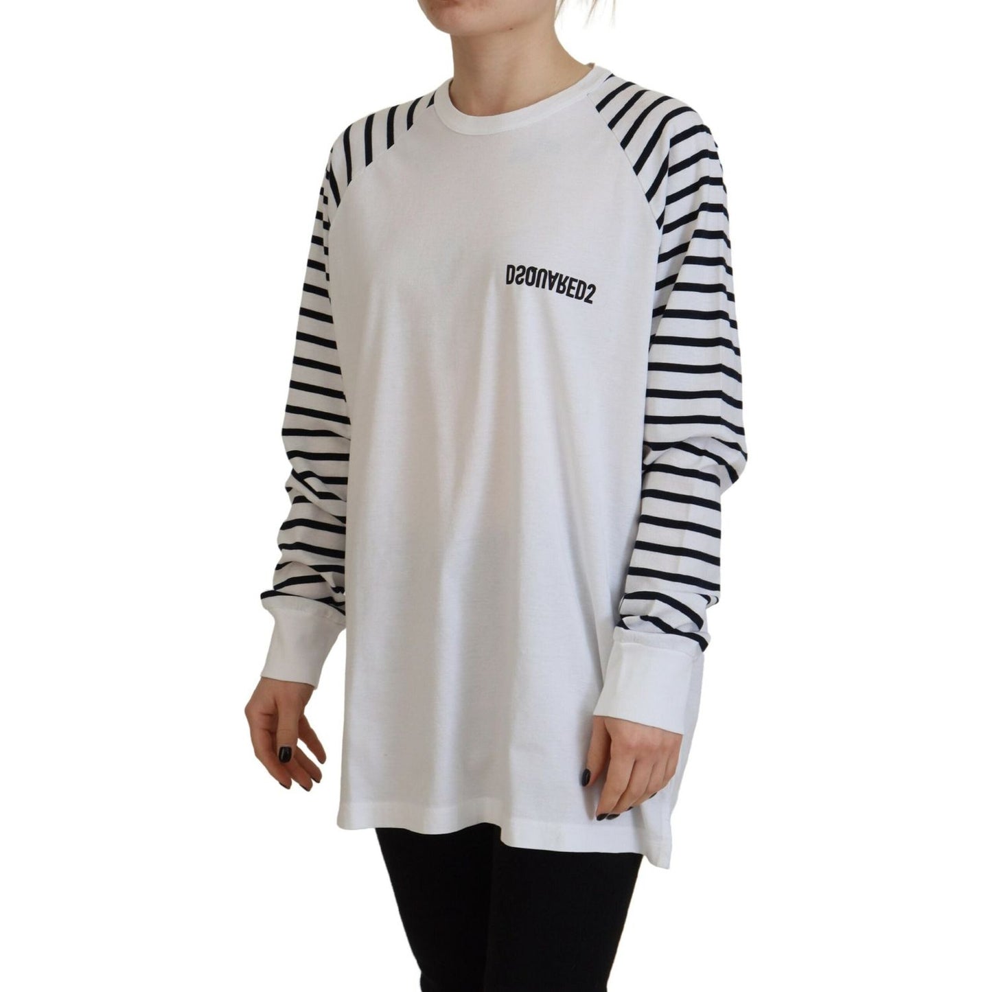 White Cotton Striped Crew Neck Short Sleeve Sweater