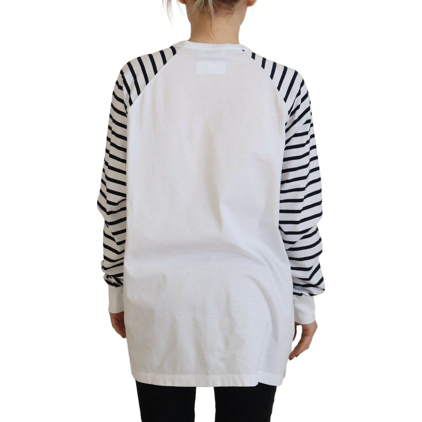 White Cotton Striped Crew Neck Short Sleeve Sweater