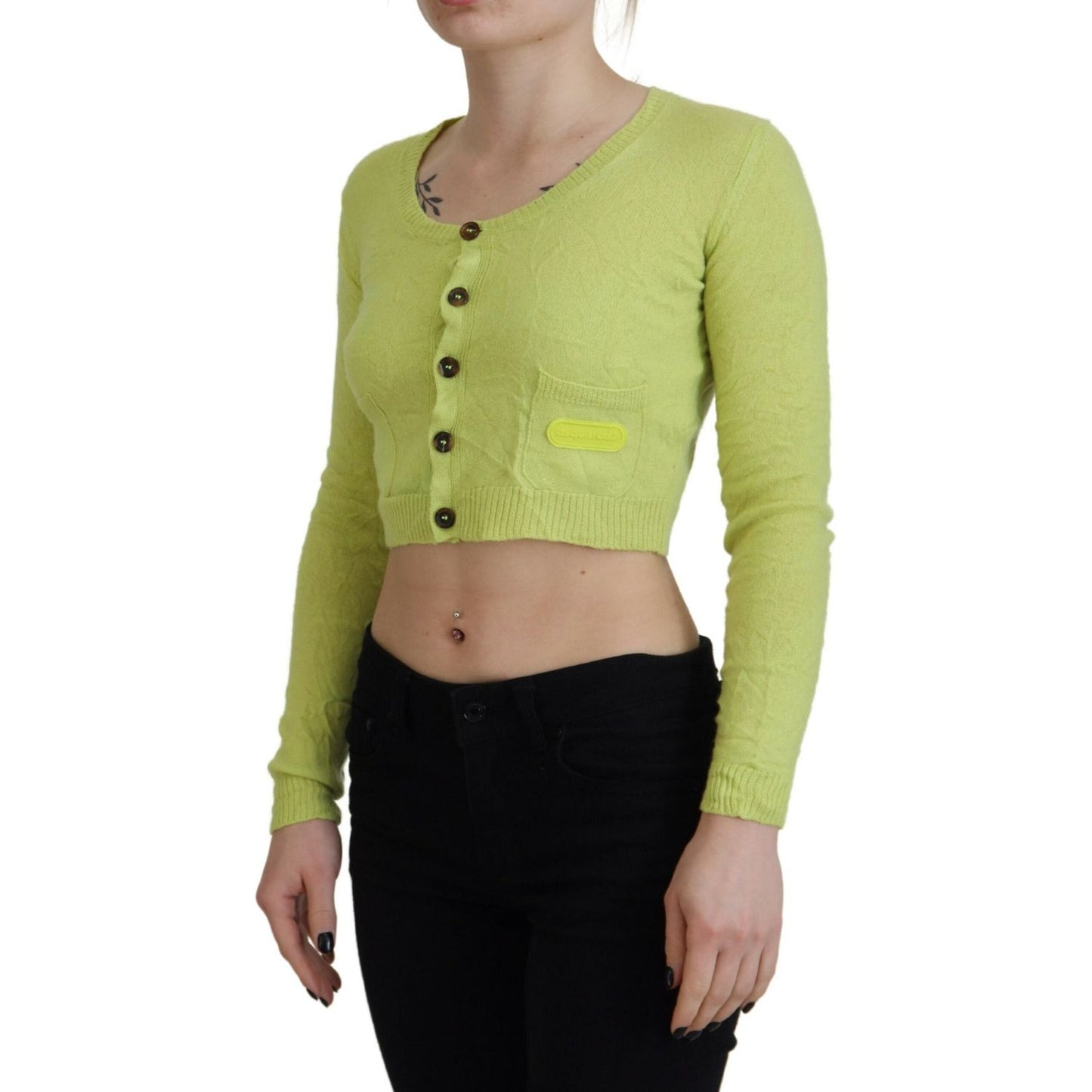 Yellow Green Cashmere Long Sleeves Cropped Sweater