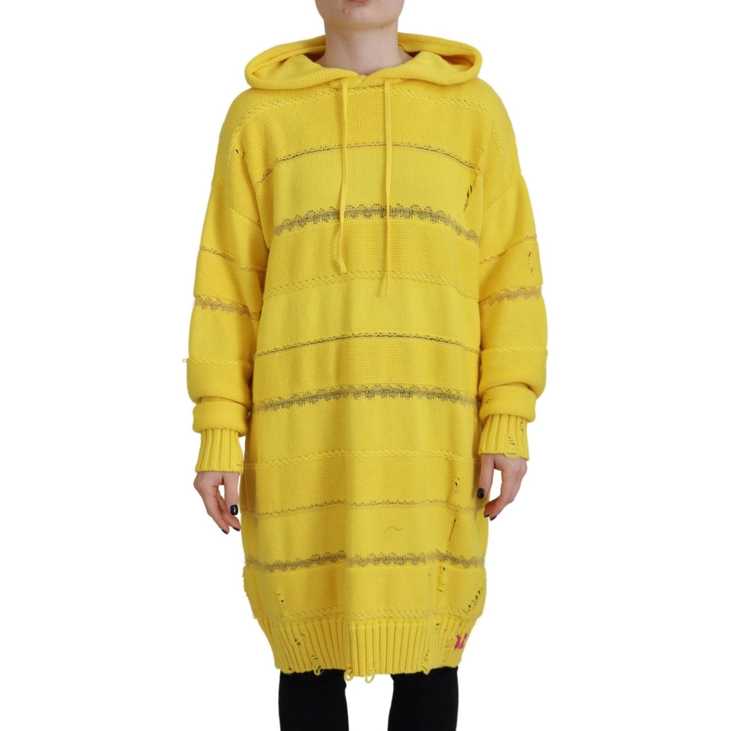 Yellow Cotton Knitted Hooded Pullover Sweater