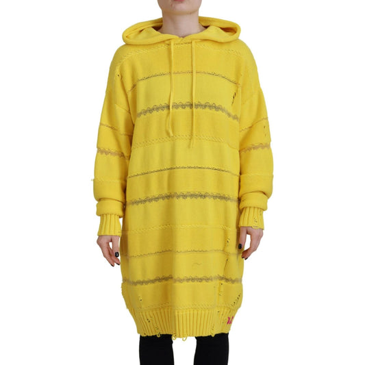 Yellow Cotton Knitted Hooded Pullover Sweater