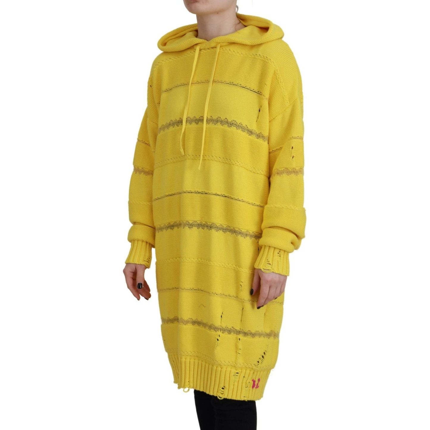 Yellow Cotton Knitted Hooded Pullover Sweater