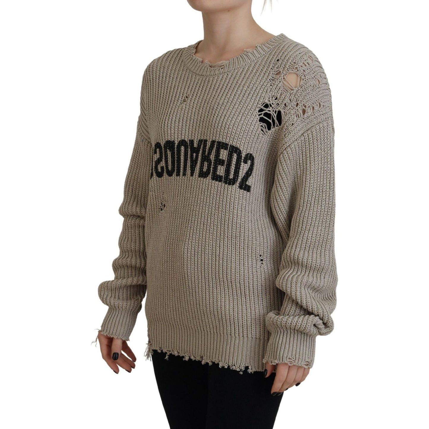 Beige Cotton Knitted Crewneck Pullover Sweater